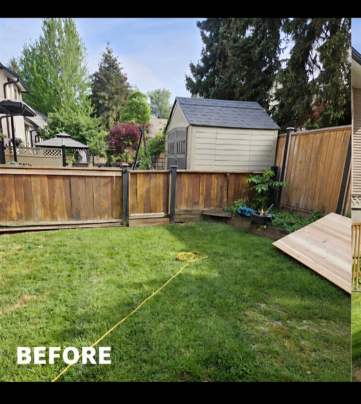 Before — a tired, weathered fence leaning at the posts