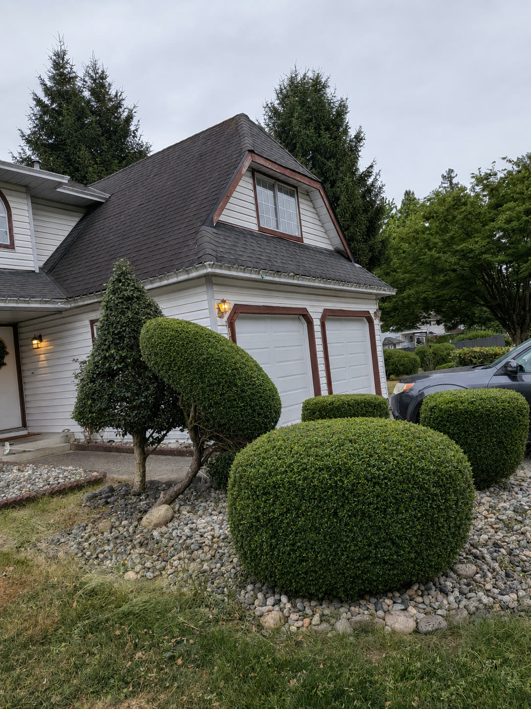 A sculpted spiral topiary and shaped shrubs kept in crisp form at a Peninsula property